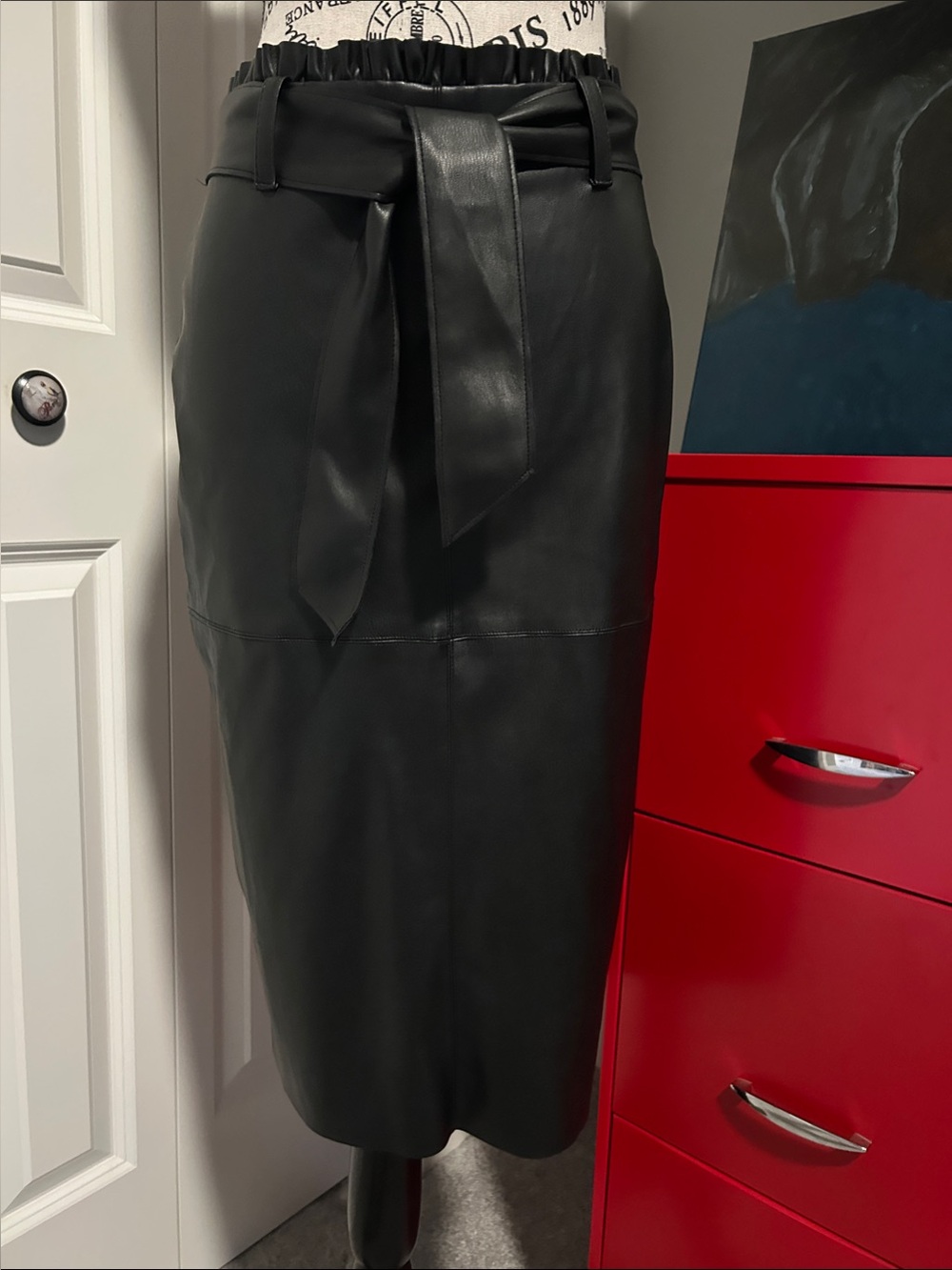 NWOT Women's Black Faux Leather Pencil Skirt with Waist Tie by Zara
